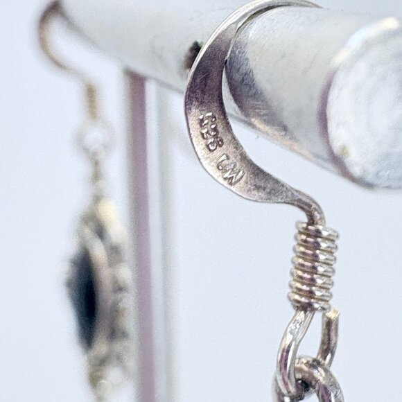 Sterling Silver 925 Black Onyx Scroll Flower Dangle Earrings Size 1.5" Length - Picture 6 of 9